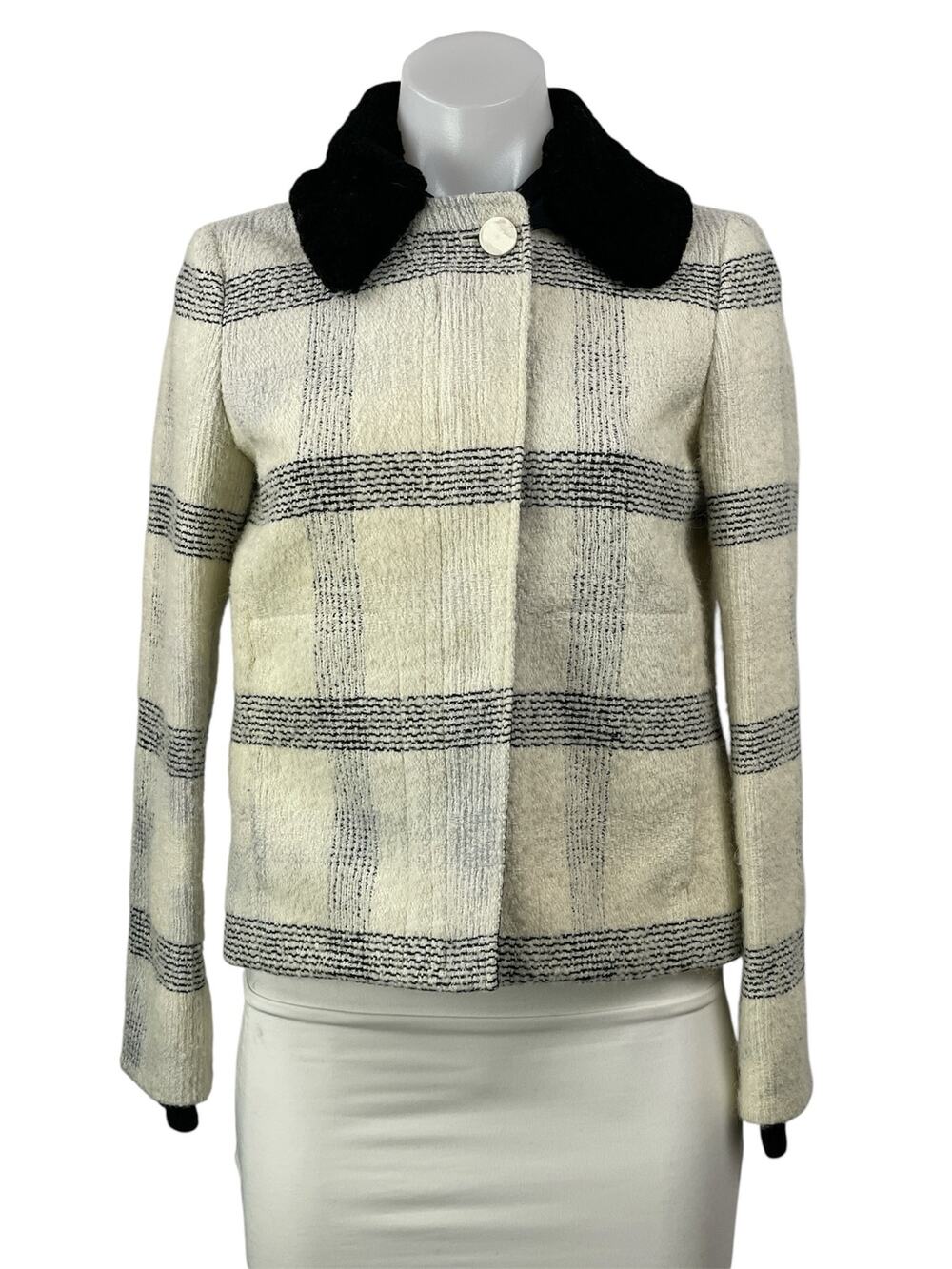 Tory Burch Cream Black Wool Long Sleeves Plaid Collared Front Zip Coat Jacket 4